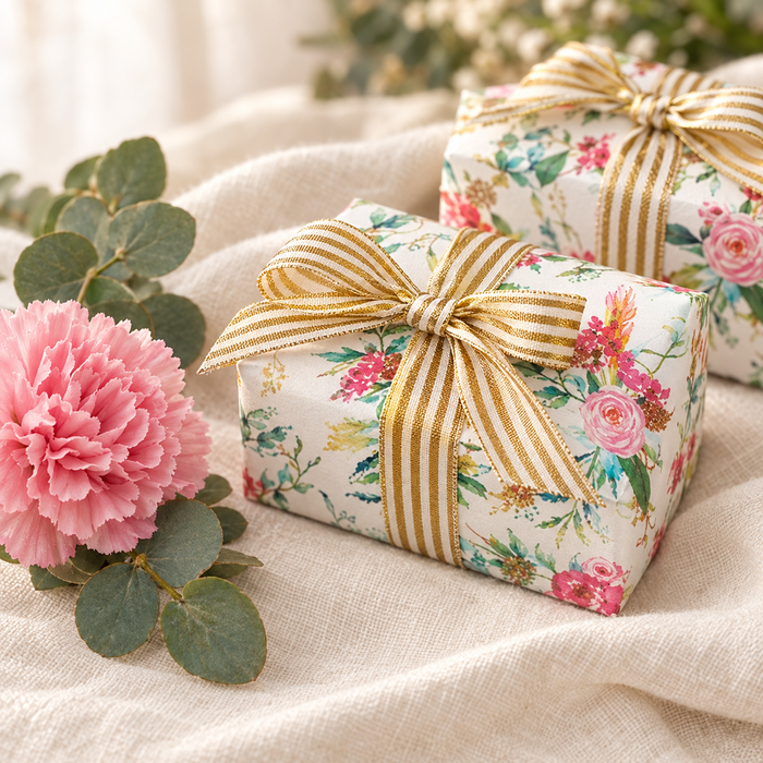 Watercolour floral & gold stripe bow