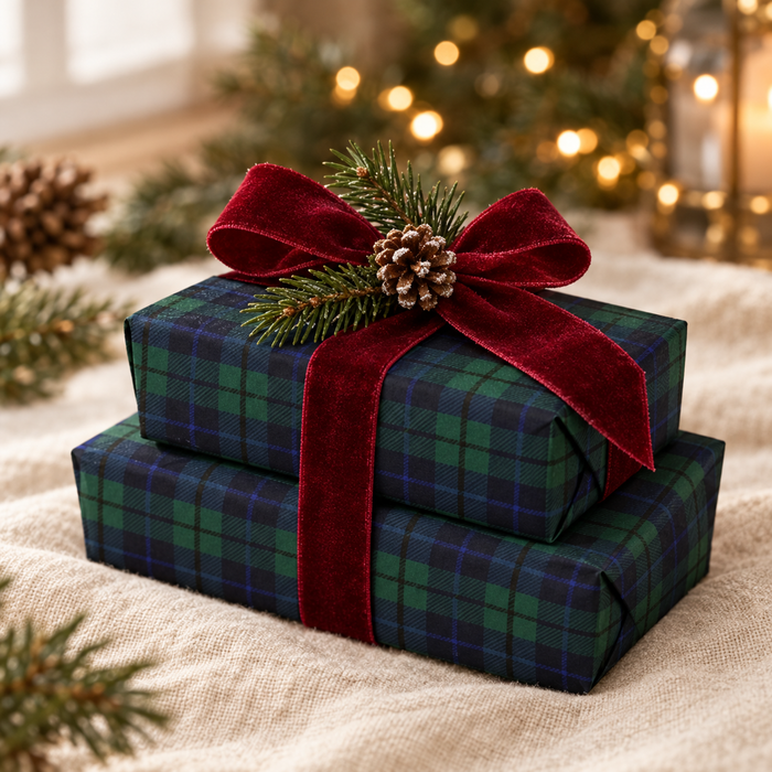 Green tartan & red velvet bow